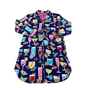 Nick & Nora Christmas Cocktail Flannel Nightshirt Navy Blue Holiday Drinks L
